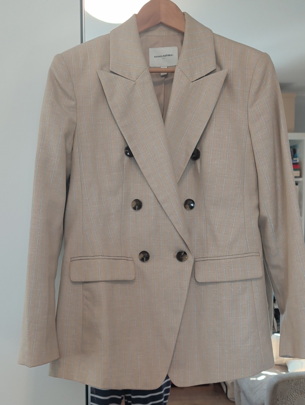 Banana Republic Factory Beige Pinstripe Double-Breasted Blazer